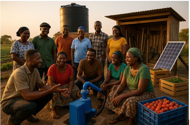 Community members collaborating under agrivoltaic installation