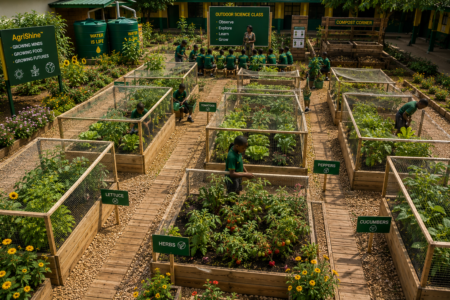 African school raised-bed learning garden